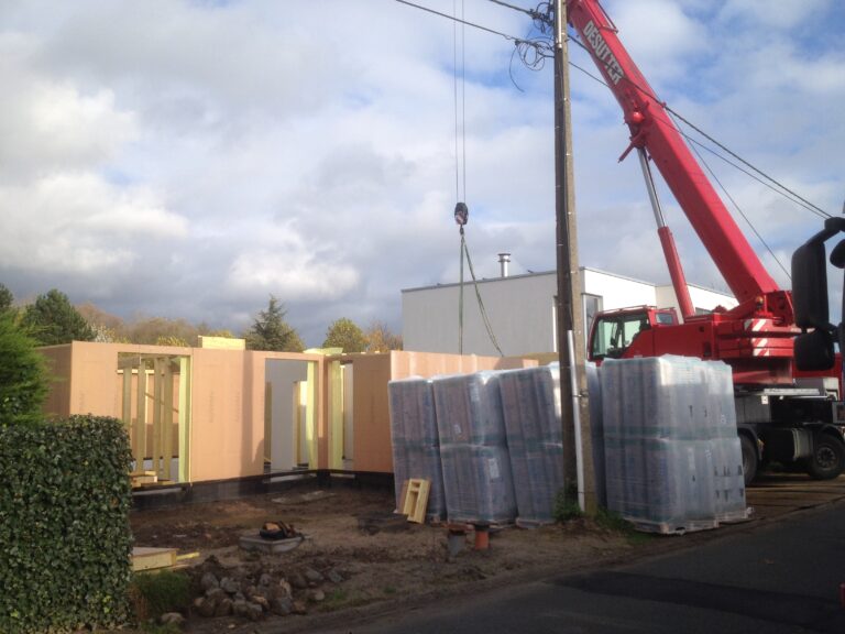 prefab houtskeletbouw panelen met kraan plaatsen